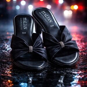 Italian Shoemakers Black Wedge Sandals Rhinestone Bow Slide Heels women  8M Used